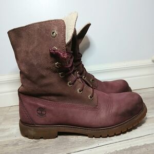 Timberland Women’s 9M Teddy Fleece Fold-Down Waterproof Boots – Plum Nubuck